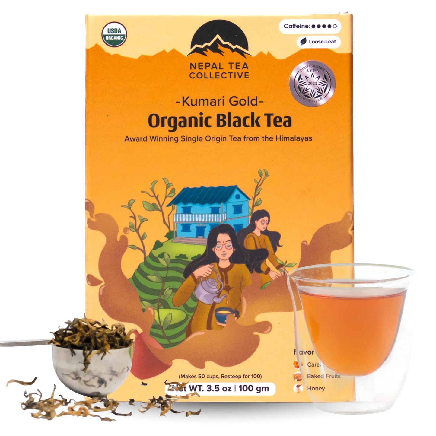 Nepal Tea Organic Black Loose Leaf Tea - Usda Certified Organic With Gold Tips - Single Oriflavor Blend From A Family Farm In The Himalayas - 3.5 Oz / 100G Award-Winning (Kumari Gold)
