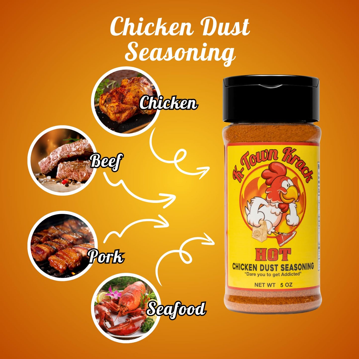 K-Town Krack Hot Chicken Dust Seasoning - Spicy Rub for Chicken, Beef, Pork, Fish - 5oz