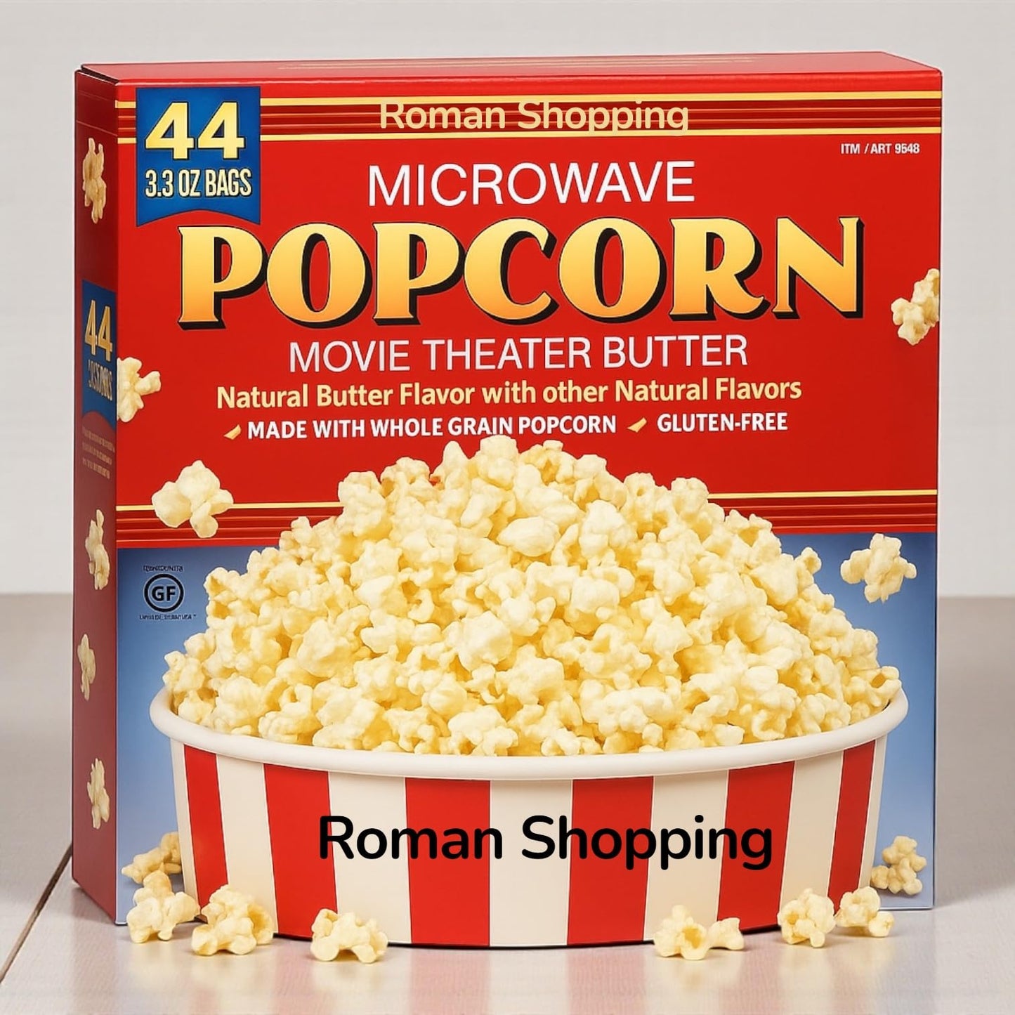Butter Microwave Popcorn 44-Pack - Whole Grain, Gluten-Free, Natural Flavor - Distributed by Roman Shopping - kirkland