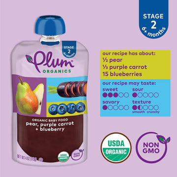Plum Organics Stage 2 Organic Baby Food - Pear, Purple Carrot, And Blueberry - 4 Oz Pouch (Pack Of 12) - Organic Fruit And Veget
