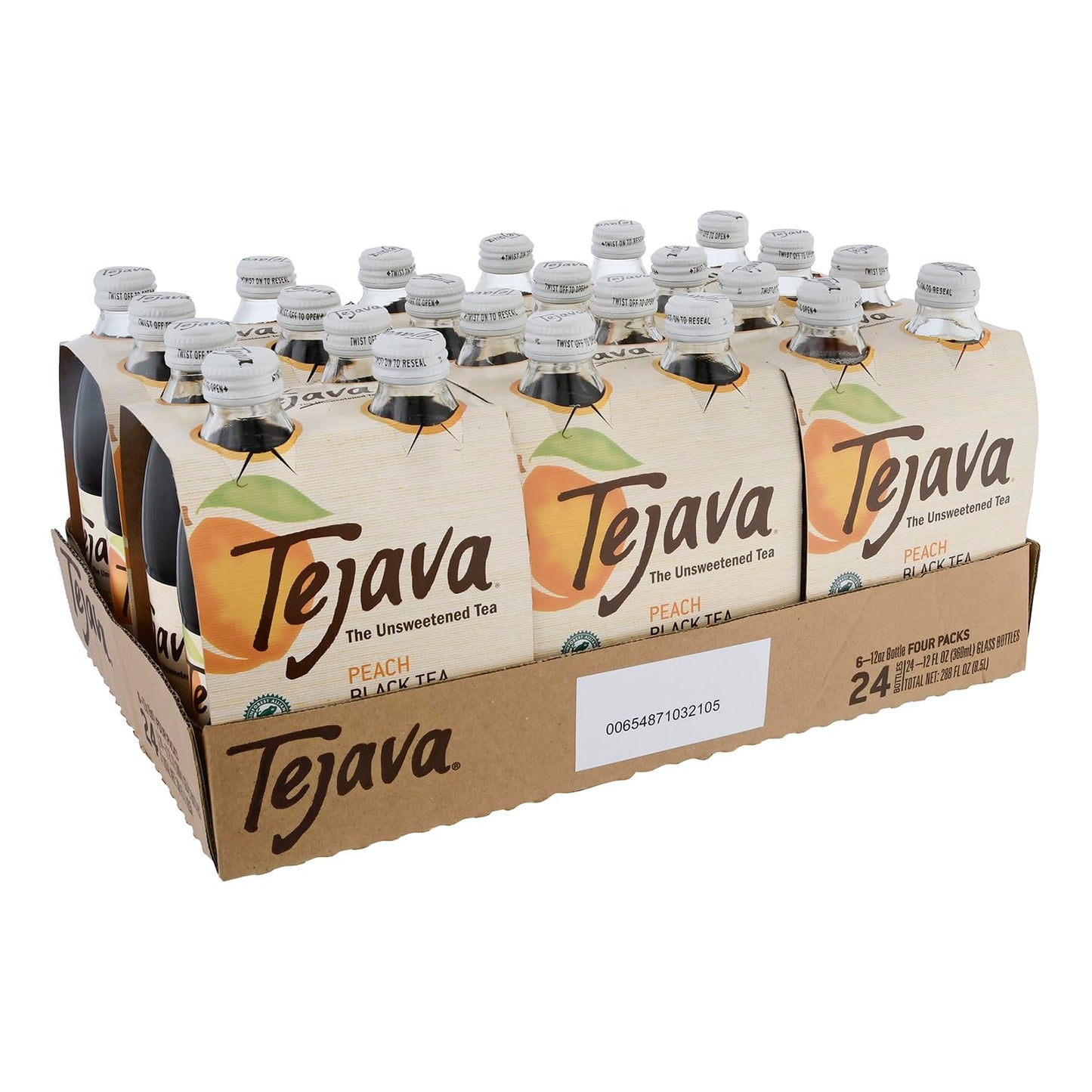 Tejava Peach Black Iced Tea, 24 Pack, 12Oz Glass Bottles, Unsweetened, Non-Gmo, Kosher, No Sugar Or Sweeteners, No Calories, No