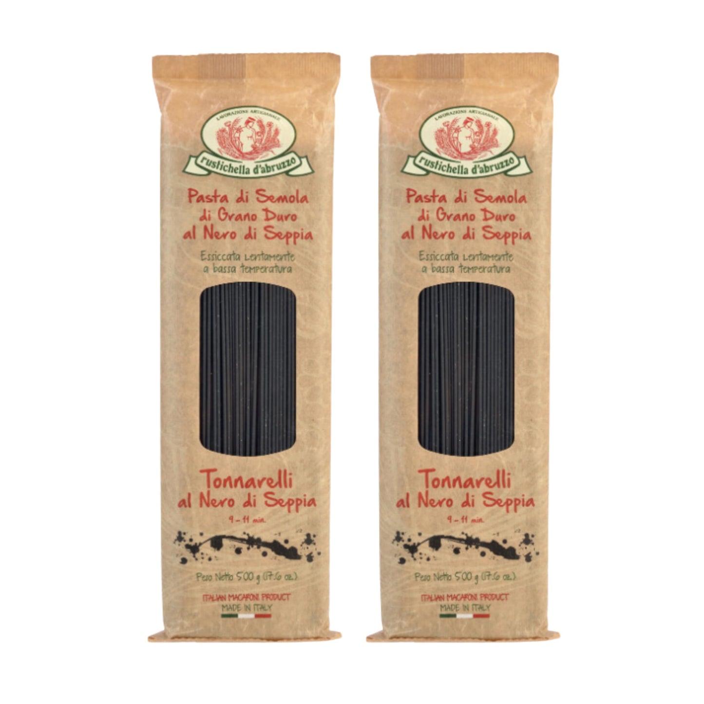 Rustichella dAbruzzo Tonnarelli with Squid Ink - Pack of 2 500g Each - Long Italian Pasta with Cuttlefish Ink, Ideal for Shellfish, Spicy Fish Sauce & Olive Oil Dishes - Authentic Flavored Pasta from Abruzzo, Italy