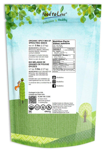 Food To Live Organic Spicy Mix Of Sprouting Seeds, 5 Pounds - Non-Gmo Broccoli, Radish, Alfalfa, Raw, Rich Germination Rate, Non