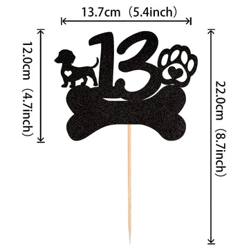 1 Pcs 13Th Birthday Cake Topper Black Glitter Dog Paw Thirteen Years Old Birthday Puppy Dog Bone Cake Pick For Let'S Pawty Baby