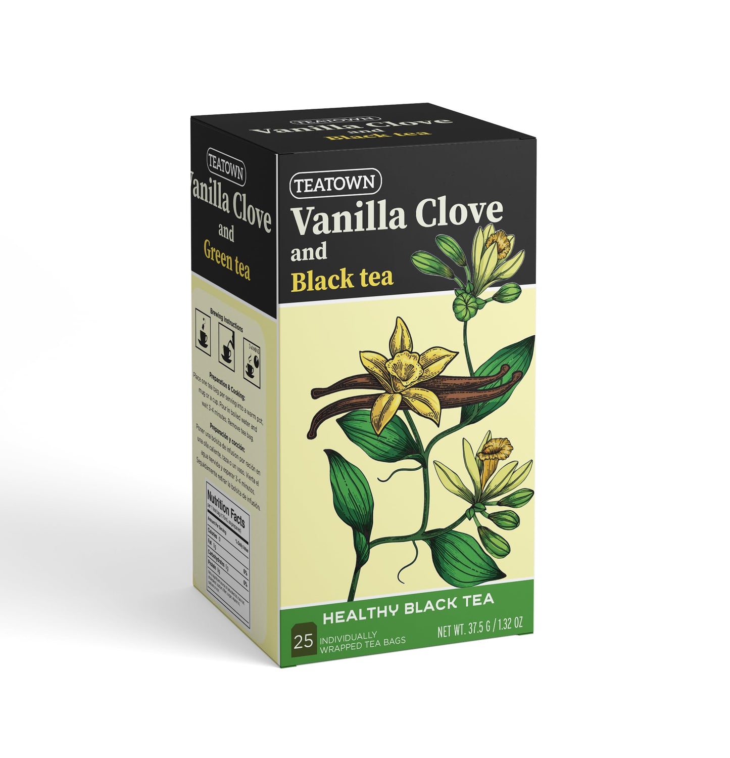 Premium Caffeinated Vanilla Clove Spice Black Chai 25 Count Tea Bags Herbal, All Natural Full Bodied Aromatic Flavor Individuall