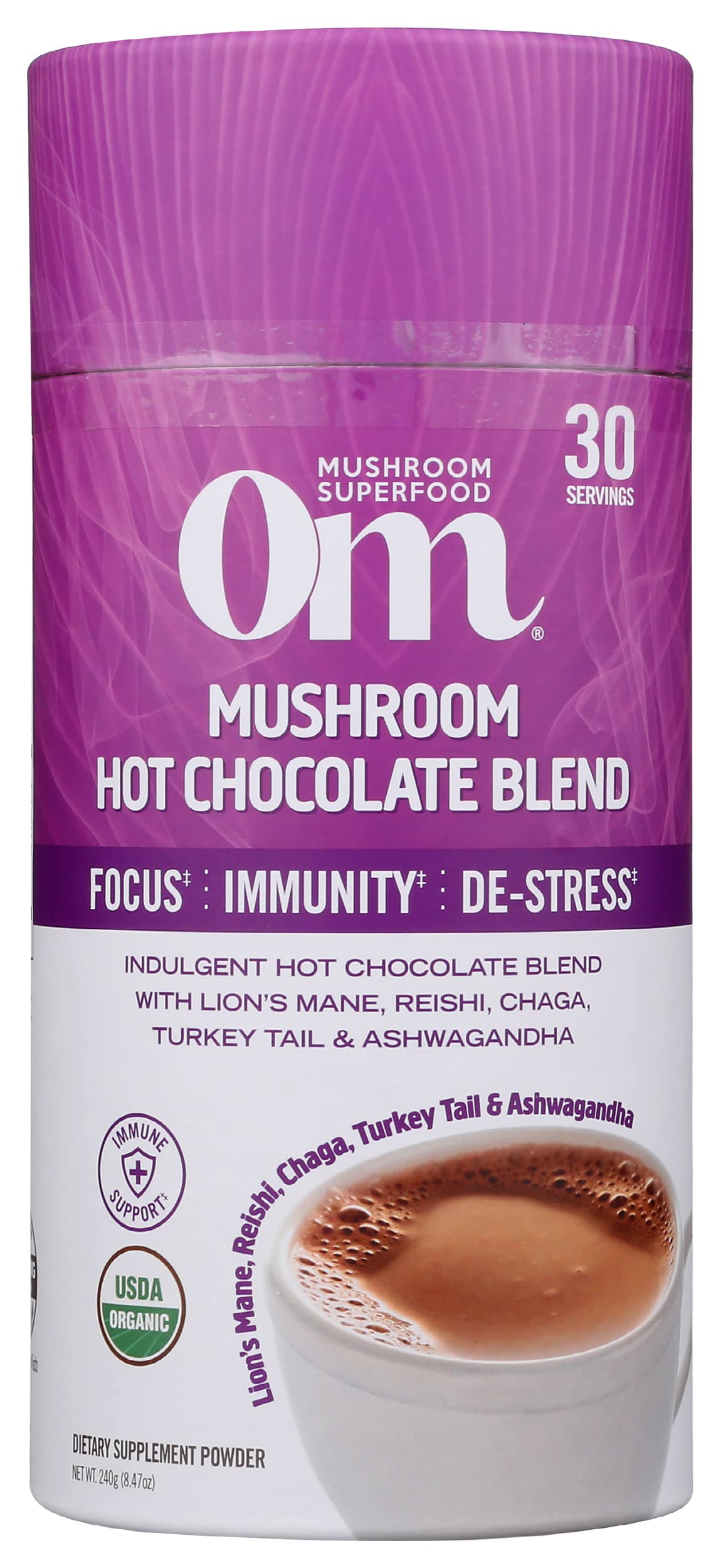 Om Mushroom Superfood Hot Chocolate Blend Mushroom Powder, Dutch Cocoa, 2g of Sugar, 25 Calories, Lions Mane, Reishi, Chaga, Tu