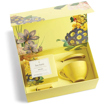 Tea Forte Soleil 3-Piece Enhanced Tea Gift Set With Yellow Cafe Cup With Lid, Tea Tray And 10 Assorted 2 Of Each Variety Organic Handcrafted Pyramid Infuser Tea Bags