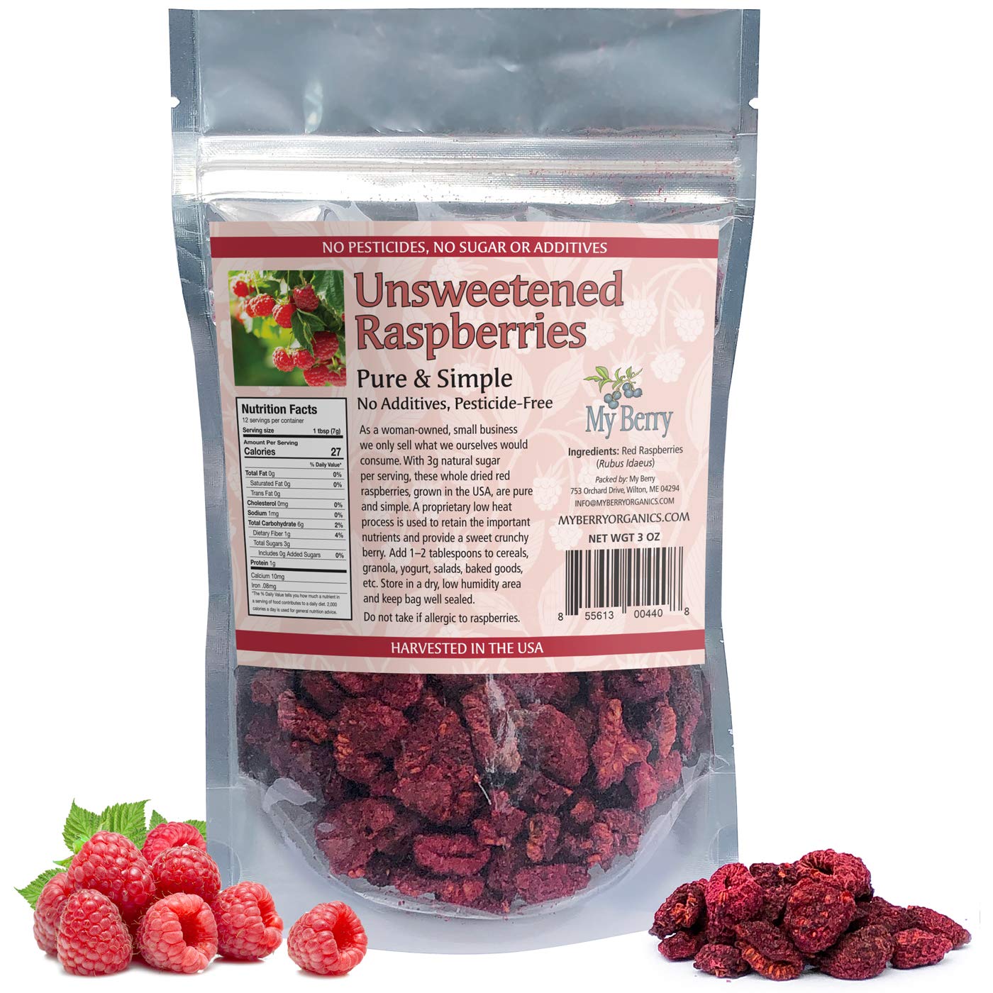 Unsweetened Dried Raspberries, Pesticide-Free, Usa Grown, 3Oz, Pure & Simple, Woman-Owned, Small Company