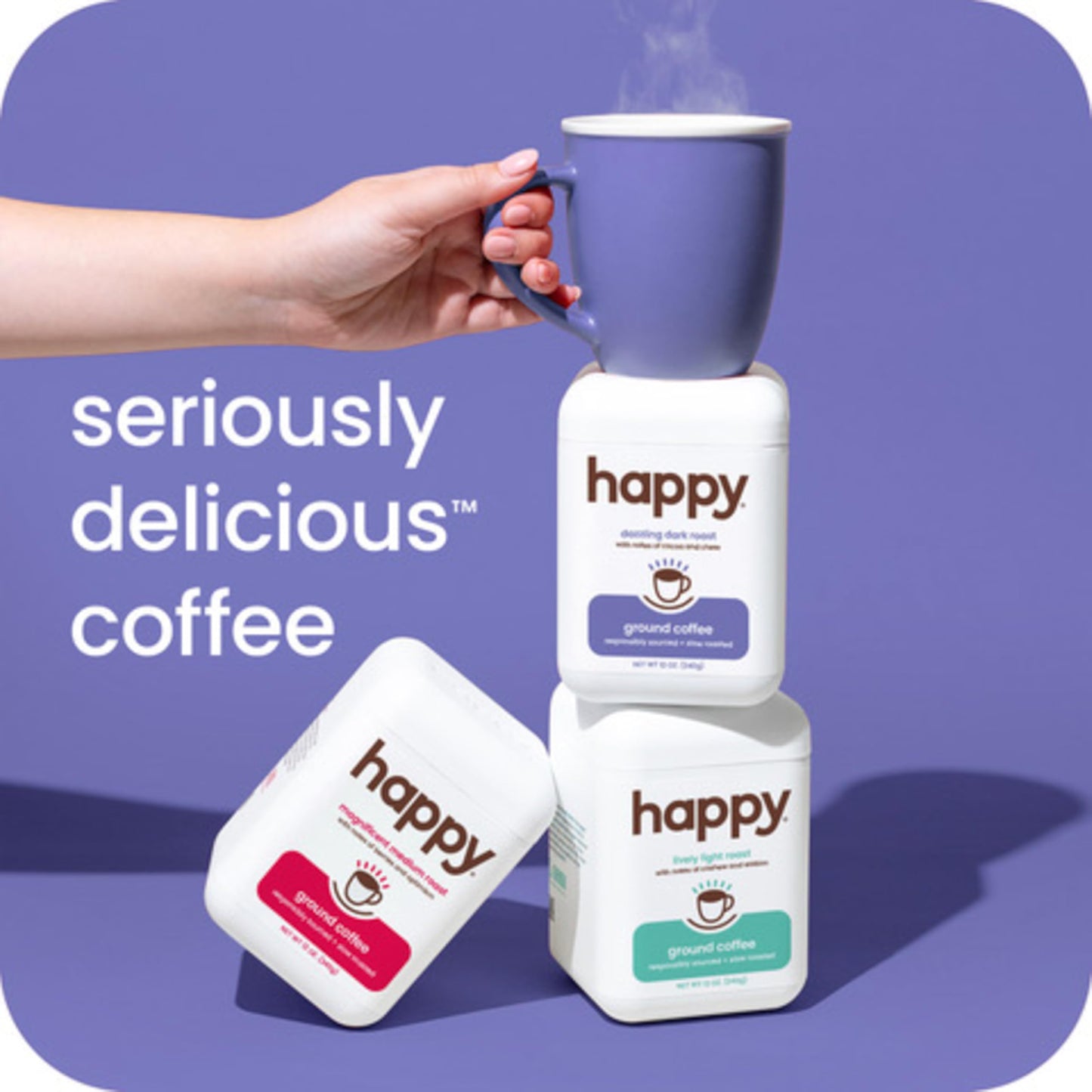 happy coffee dark roast ground coffee, 12 oz., notes of cocoa & cheer, recyclable container, grown & harvested in Brazil, Rwanda