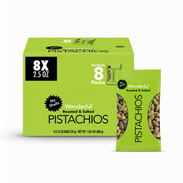 Wonderful Pistachios No Shells, Roasted And Salted Nuts, 2.5 Ounce Bag (Pack Of 8), Protein Snack, On-The-Go, Individually Wrapp
