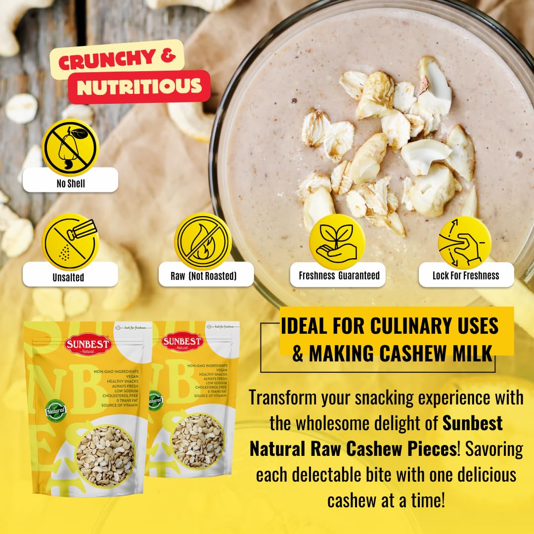 Sunbest Natural Raw Large Cashew Pieces 48 Oz (3 Lbs) 1 Pack - Unroasted & Unsalted For Cooking, Baking & Snacking - Fresh, Nutrient-Rich, Keto, Paleo & Vegan - Non-Gmo, Gluten-Free - Long-Lasting Freshness