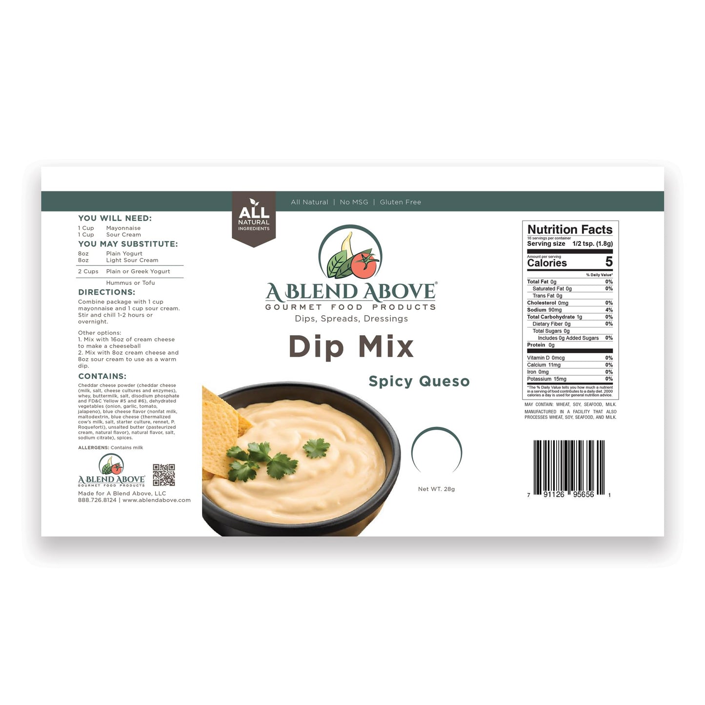 A Blend Above Spicy Queso Dip Mix, Gluten-Free, Vegan, 3 Packs, 1 oz Each