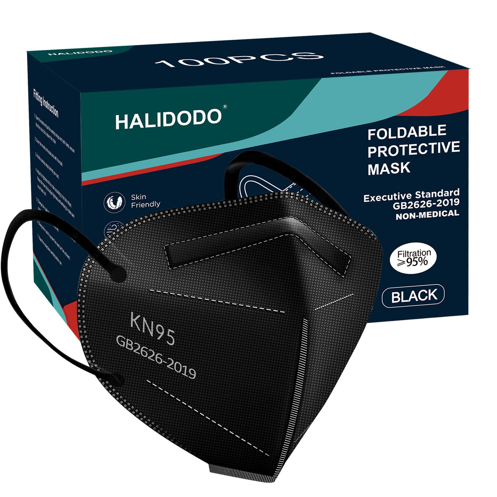 Halidodo 100 Packs Individually Wrapped Kn95 Face Mask 5-Ply Breathable & Comfortable Filter Safety Mask, Black