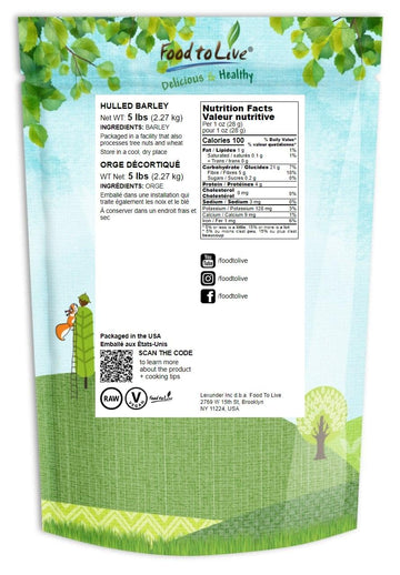 Food to Live Hulled Barley Grain, 100% Whole Grain, Vegan, 5 Pounds