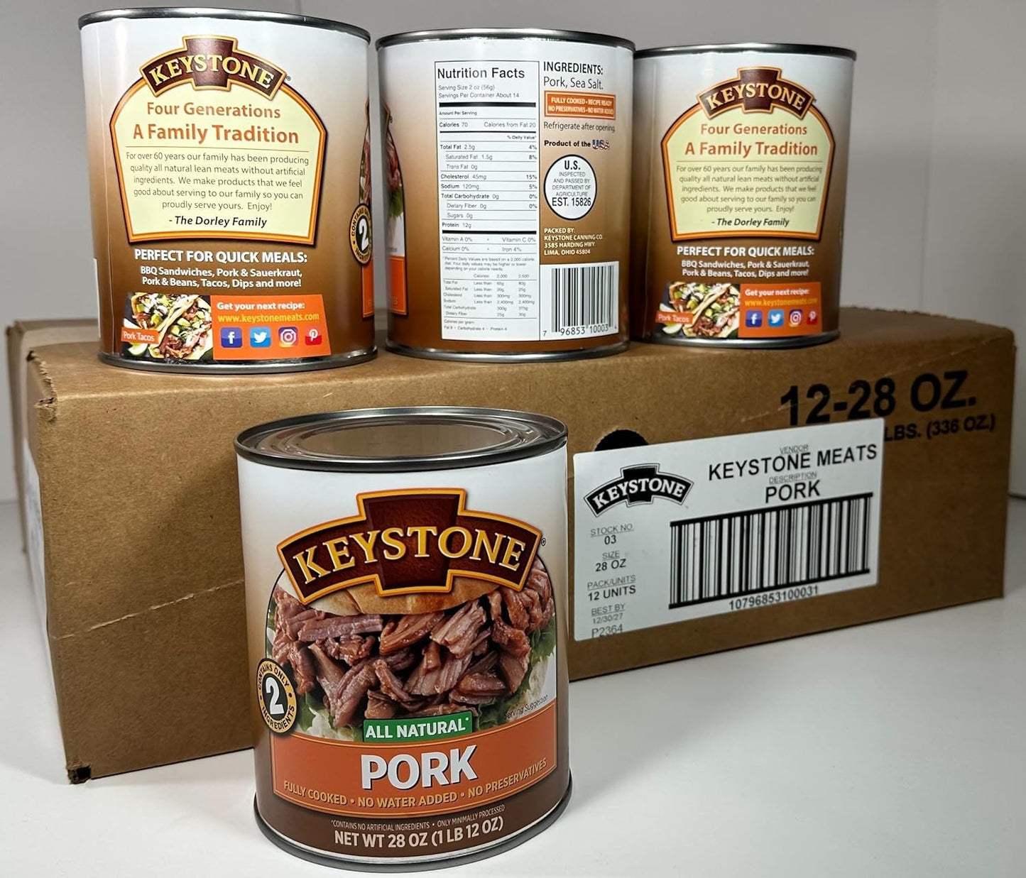 Keystone Meats All Natural Heat and Serve Canned Pork, 28 oz - Fully Cooked and Ready to Eat - Shelf Stable for 5 Years - Canned