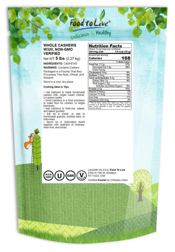 Food To Live Raw Cashews, 5 Pounds - Non-Gmo Verified, Deluxe Whole Nuts, Unsalted, Unroasted, Size W-320, Vegan, Kosher, Bulk