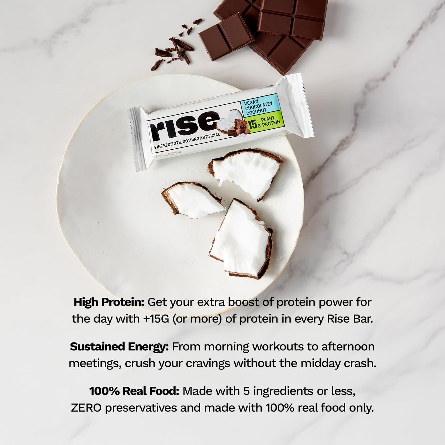 Rise Pea Protein Bar - Chocolately Coconut | Breakfast Bar & Protein Snack 15g Protein Just 5 Whole Food Ingredients Non-GMO Glu