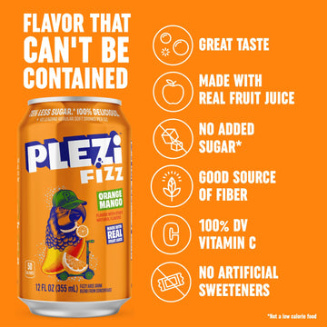 PLEZi FiZZ Orange Mango Sparkling Juice - Healthy Soda Alternative with Real Fruit Juice, No Added Sugar - Low Sugar Sparkling D