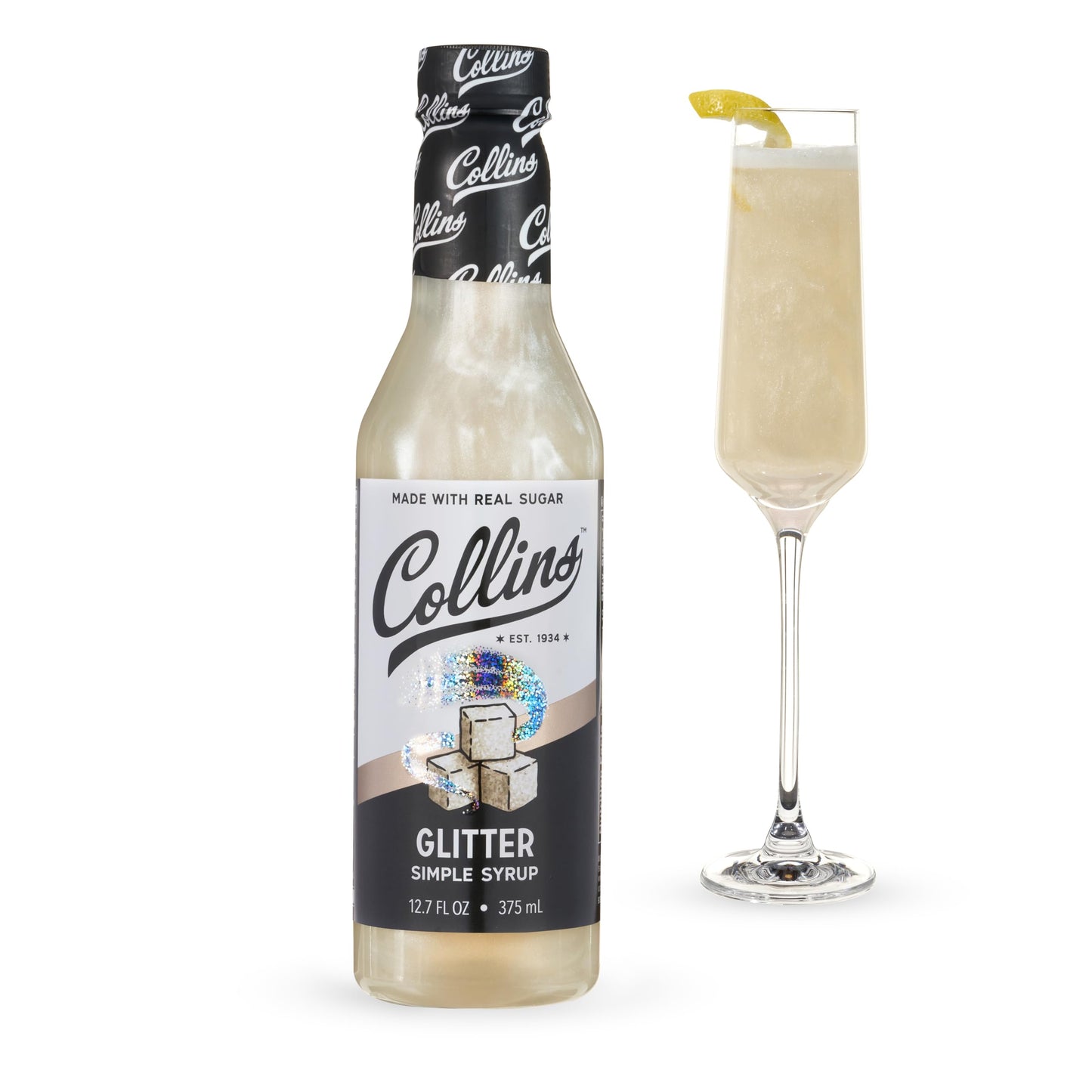Collins Glitter Simple Syrup Sparkle Mixed Flavor Mixer With Edible Shimmer Made With Real Sugar No High-Fructose Corn Syrup Ideal For Festive Mixed Flavors And Mocktails Party Essentials 12.7 Oz