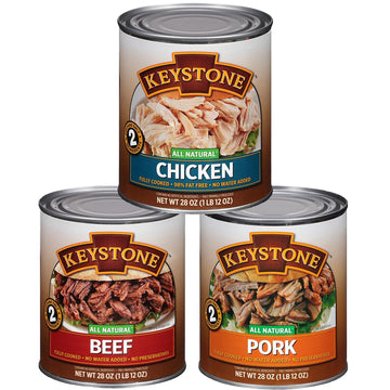 KEYSTONE Meats All Natural Canned Beef, Chicken & Pork Pack of 3, 28 Oz Long Term Emergency Survival Food Canned Meat | Fully Co