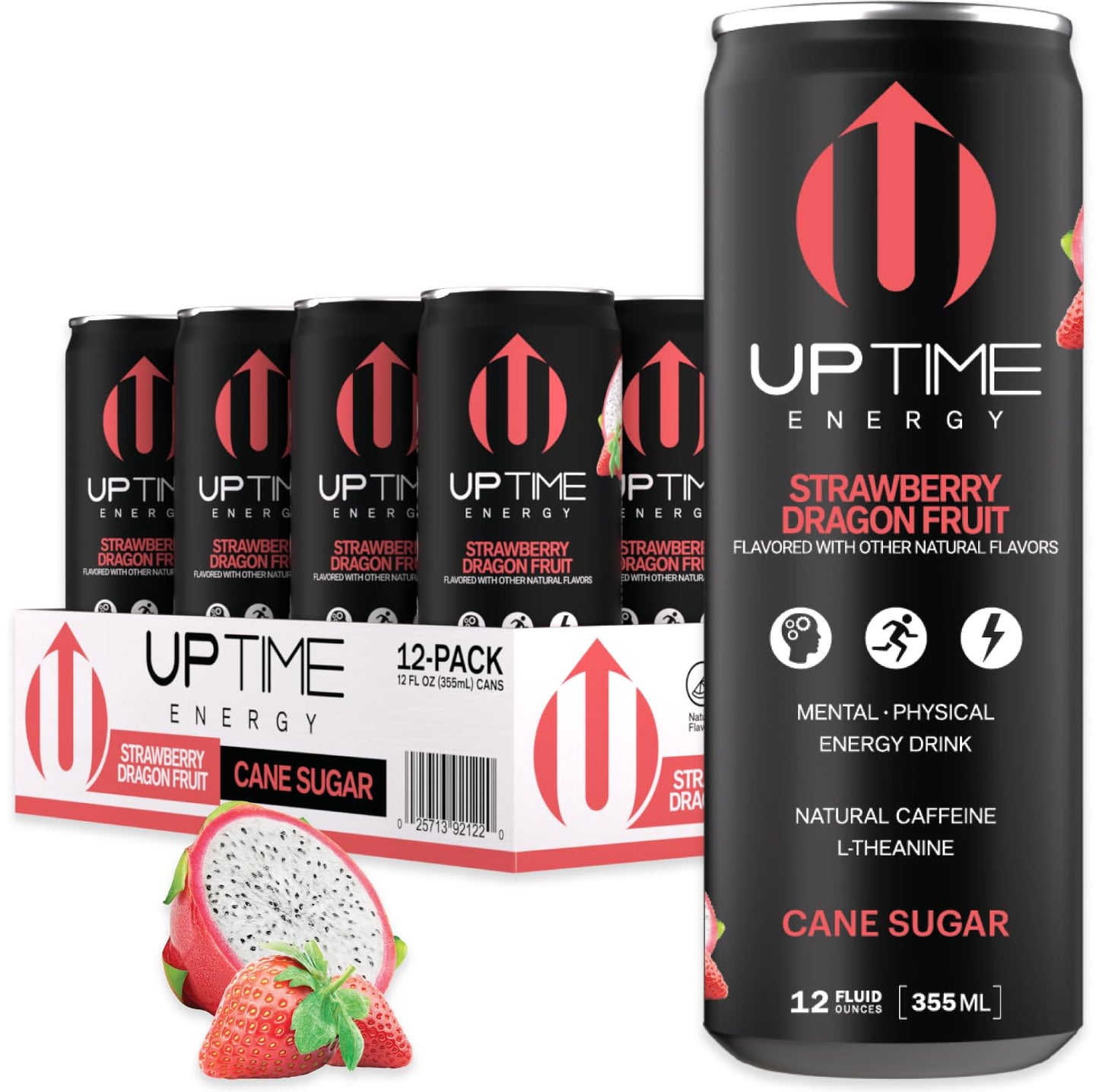 UPTIME Energy Drink, Strawberry Dragon Fruit, 12 Pack, 12 fl oz Cans, Natural Caffeine, Focus Support, Clean Energy