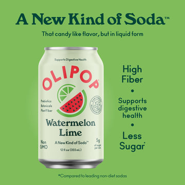 OLIPOP Prebiotic Soda, Watermelon Lime, Gluten Free, Vegan, 12oz (Pack of 12), Natural