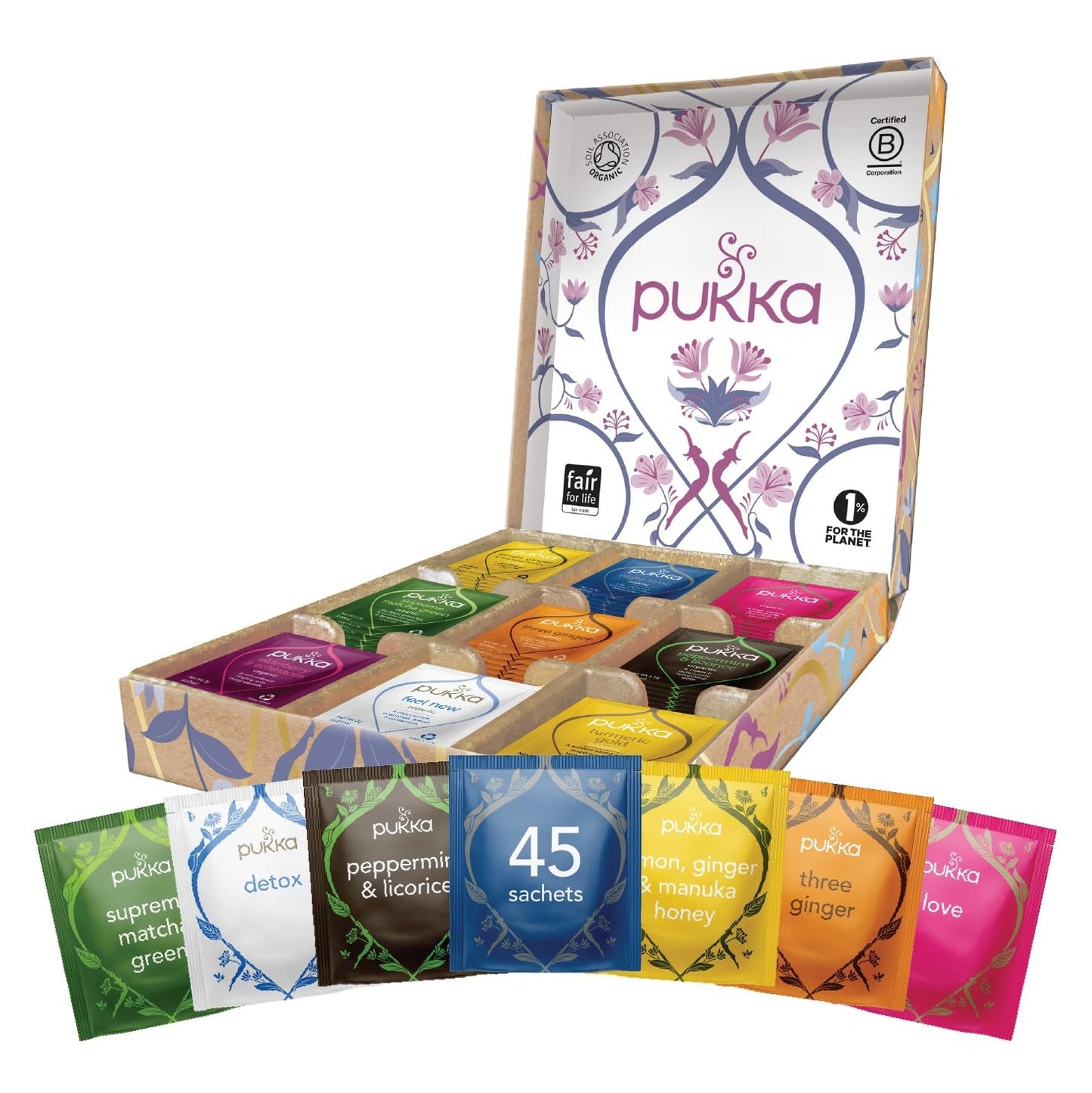 Pukka Herbal Tea Sampler, Organic Tea, Eco-Friendly, Self Care Gift Box, 45 Tea Bags, 9 Flavors