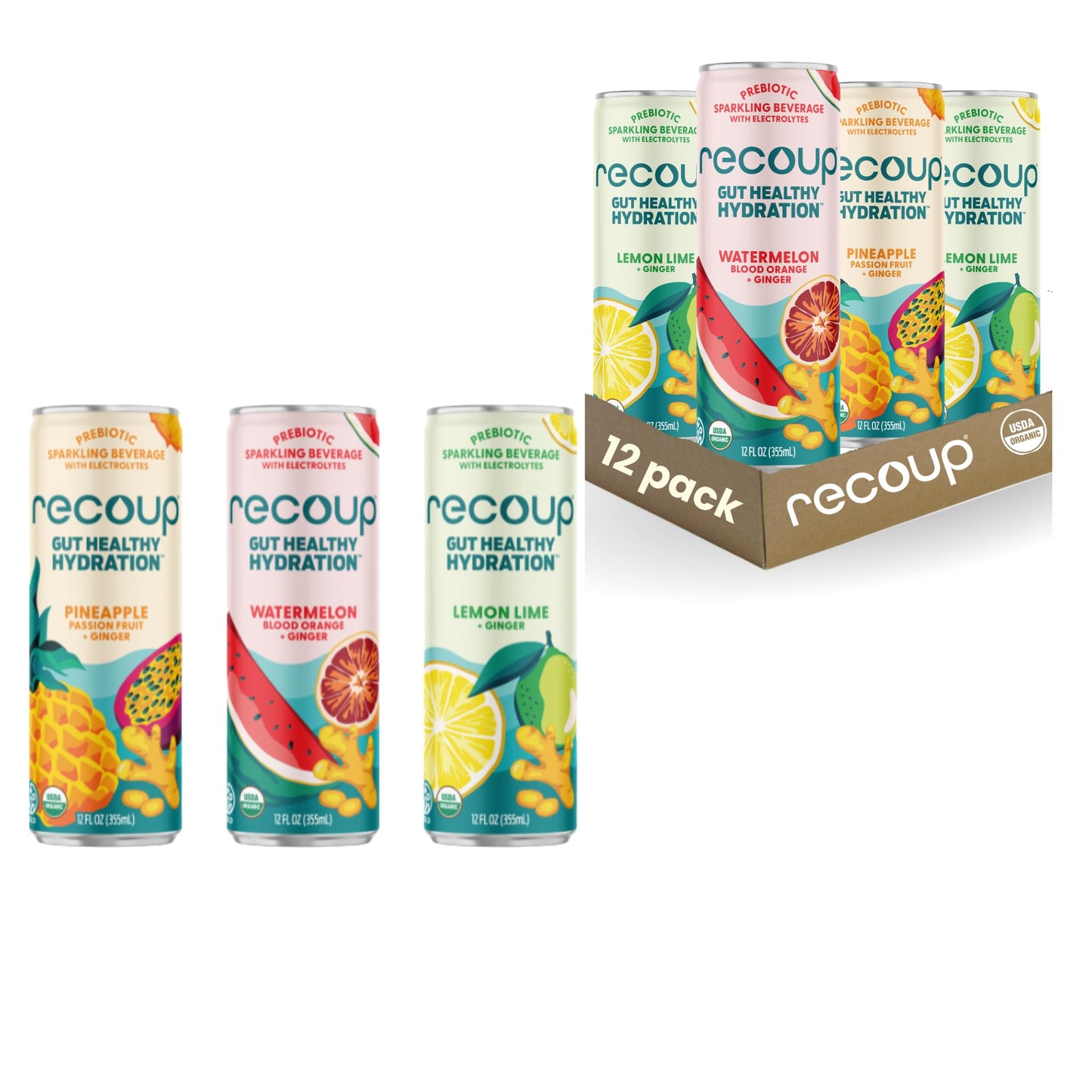 Recoup Organic Sparkling Prebiotic Drink - Variety + Flavor Blendger With Electrolytes For Gut Health Support & Hydration No Added Sugar ((Pack Of 12) Variety)