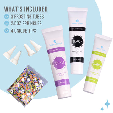 Sweets Indeed, Halloween Frosting Kit plus Sprinkles, 3 Frosting Tubes, 2.5 ounces Sprinkes, 4 nozzles, 13.08 ounces, Perfect fo