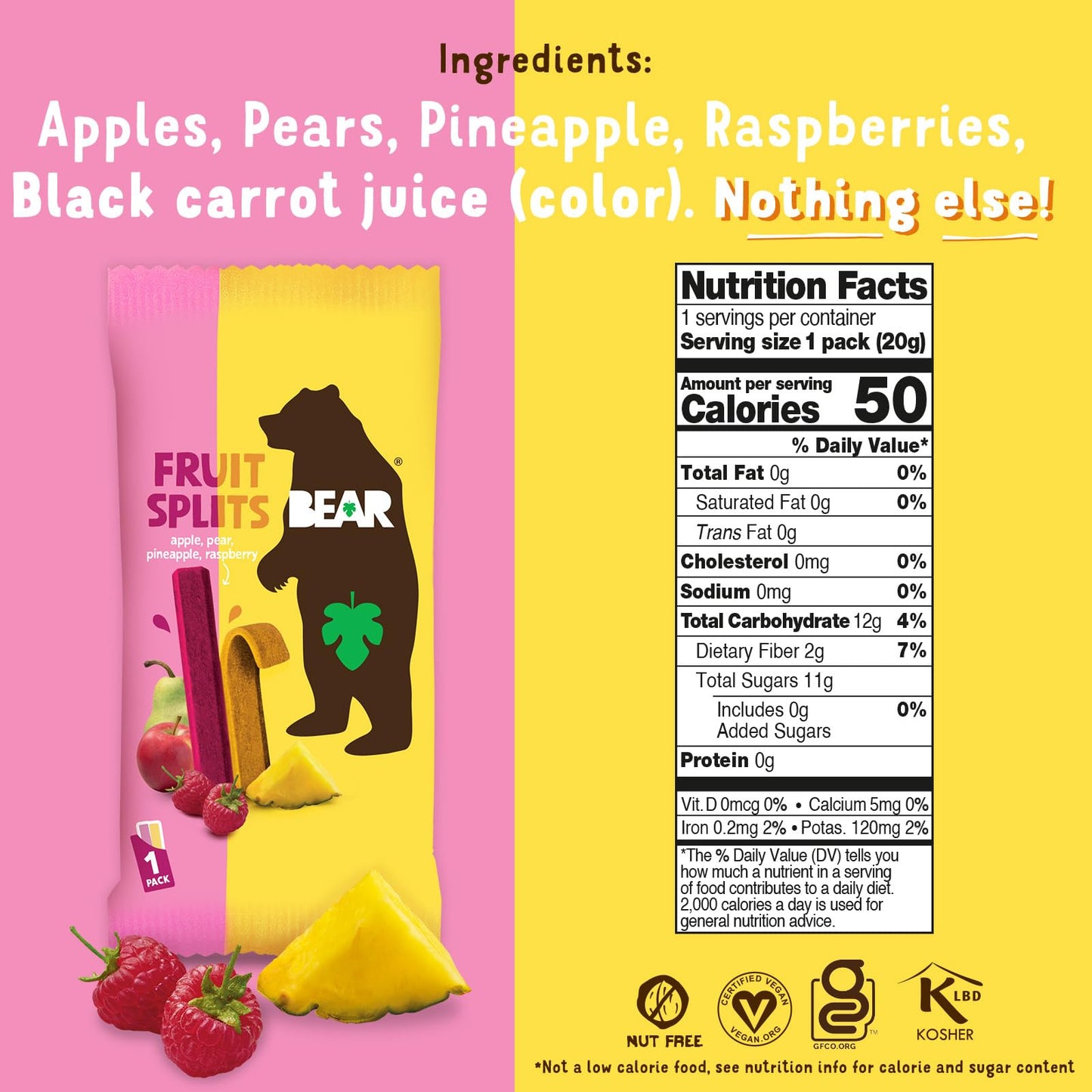 BEAR Real Fruit Snack Splits - Gluten Free, Vegan, and Non-GMO - Raspberry and Pineapple - Healthy School And Lunch Snacks For K