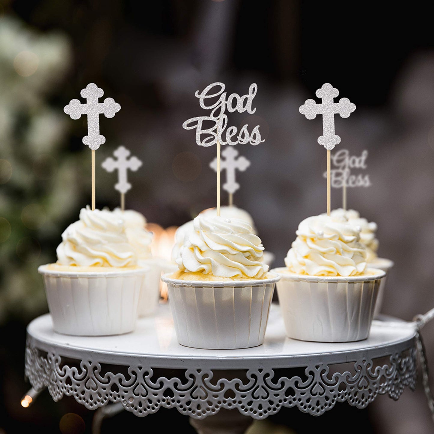 Ercadio Silver Glitter Cupcake Toppers, 24 Piece Set, Paper, Christian Party Decoration