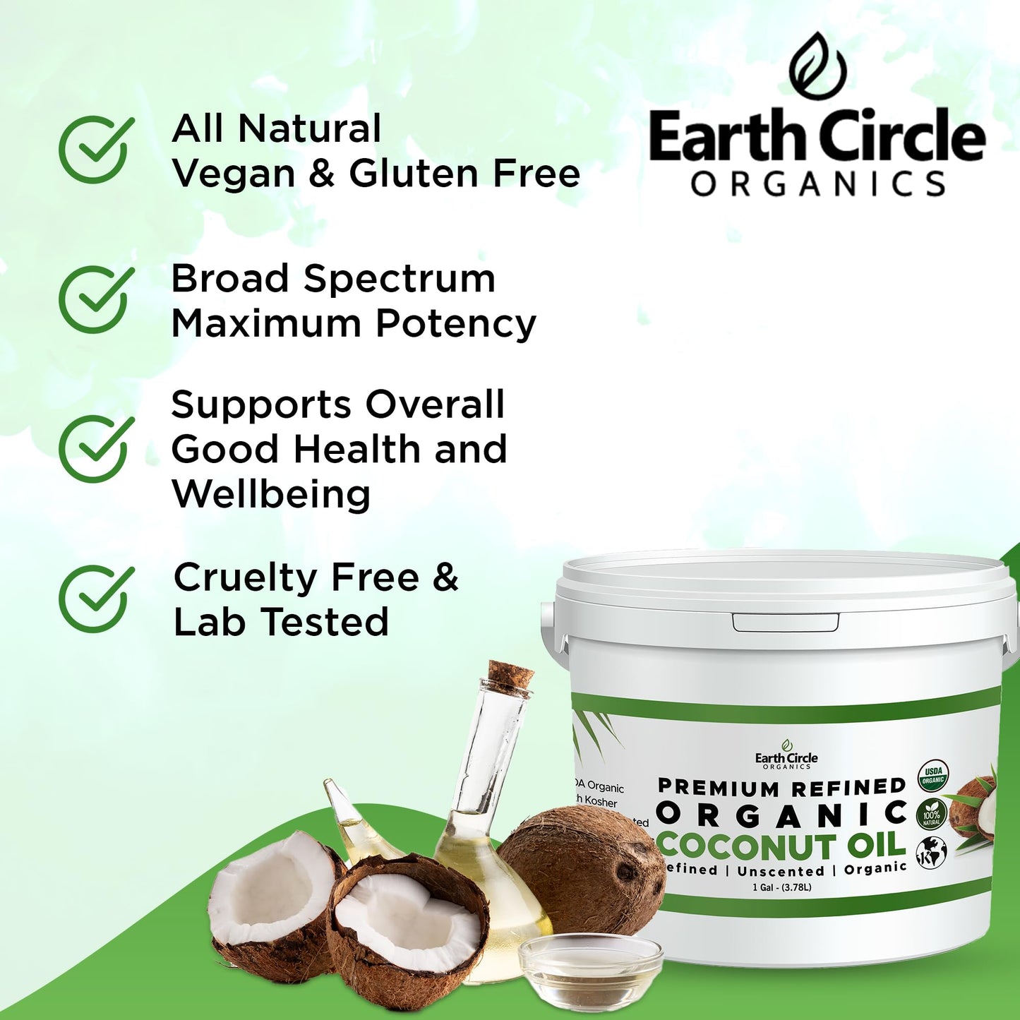 Earth Circle Organics Refined Coconut Oil - Ultra Premium, 128 Fl Oz, Keto & Paleo Friendly, 1 Gallon