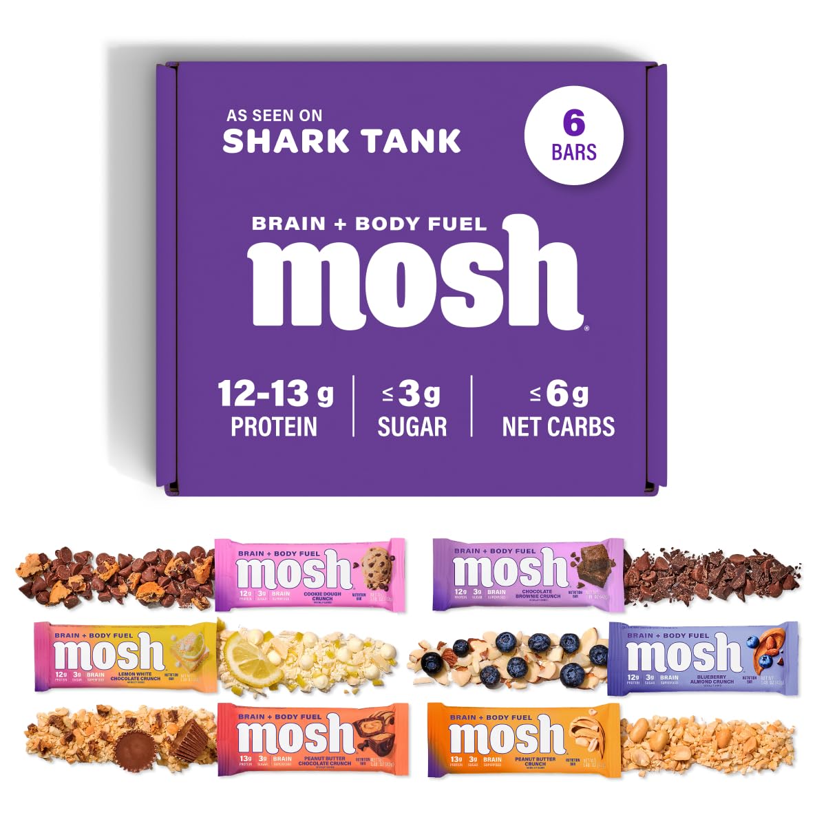 MOSH Variety Pack Keto Protein Bars, High Fiber, Low Carb, Gluten Free, High Protein, Brain Healthy Snack with Ashwagandha, Lion