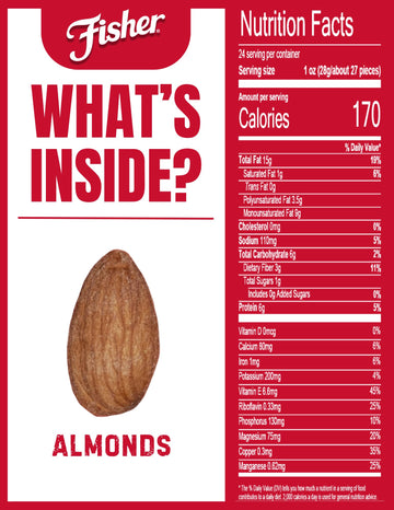 Fisher Oven Roasted Never Fried Almonds 24 Ounces (Pack of 1) Heart Healthy Snacks for mature-themeds Made with Sea Salt No Added Oil Artificial Ingredients or Preservatives Gluten Free Vegan Protein