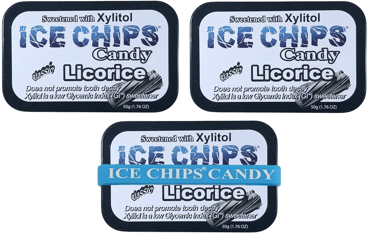Ice Chips Xylitol Candy Tins (Licorice, 3 Pack) - Includes Band As Shown