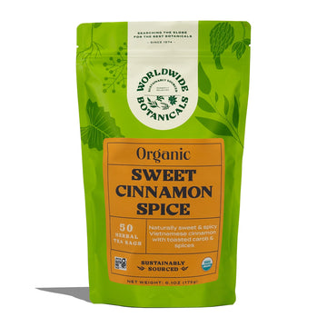 Worldwide Botanicals Sweet Cinnamon Spice Herbal Tea, 50 Tea Bags - Organic, Caffeine Free, Kosher, Naturally Sweet, 50% More Herbs - 50 Tagless Eco-Friendly Tea-Bags