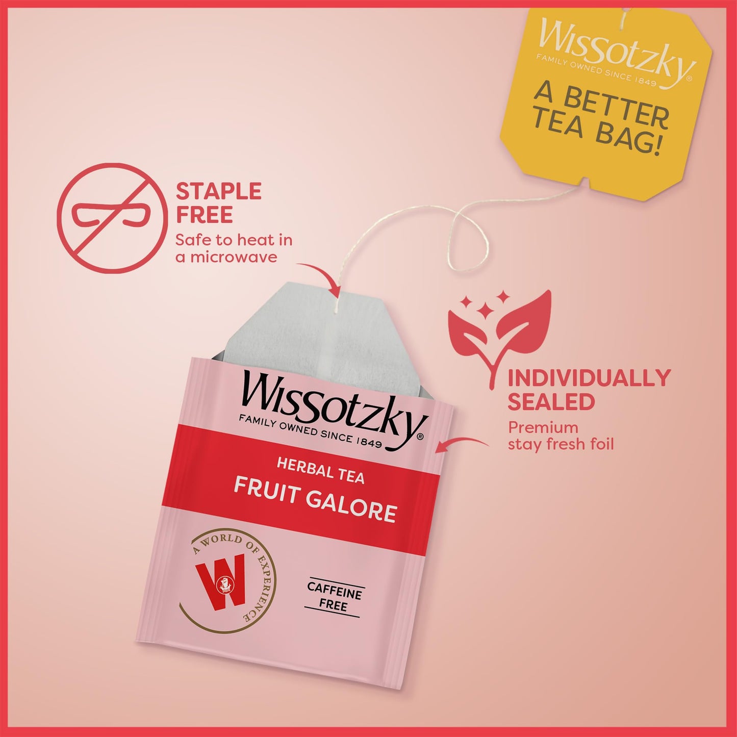 Wissotzky Fruit Galore Herbal Tea, Caffeine Free, 20 Tea Bags, Antioxidant Rich, Pink