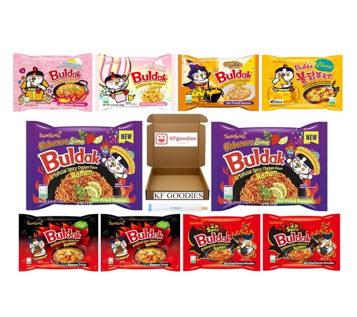 Samyang Buldak Hot Spicy Chicken Ramen Noodle Korean Stir-Fried Ramen (10, 2 2X Spicy, 2 Habanero Lime, 2 Stew, 1 Carbonara, 1 C