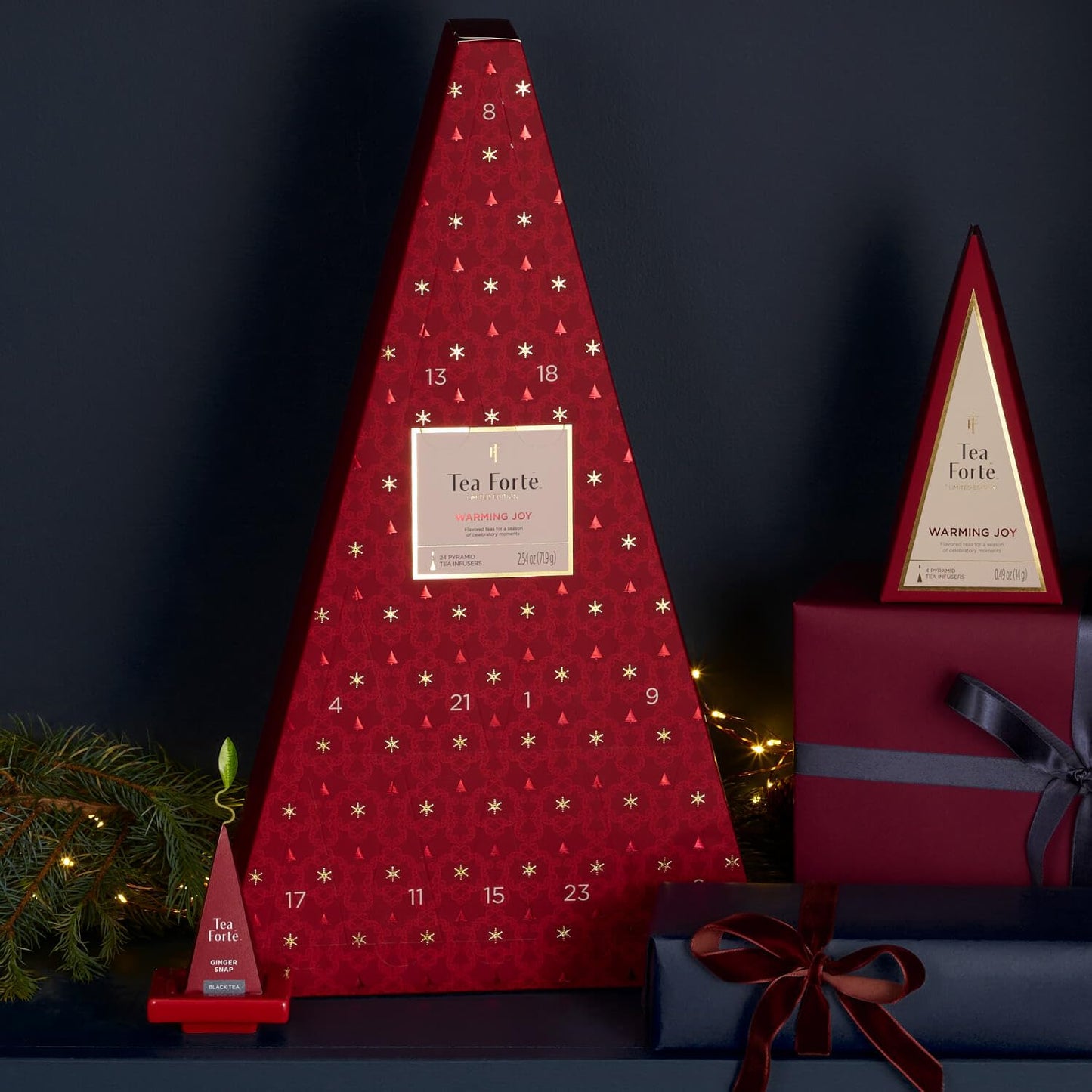 Tea Forte Tea Advent Calendar Gift Set; 24 Individually Wrapped Handcrafted Assorted Pyramid Infuser Tea Bags With Numbered Doors, Warming Joy