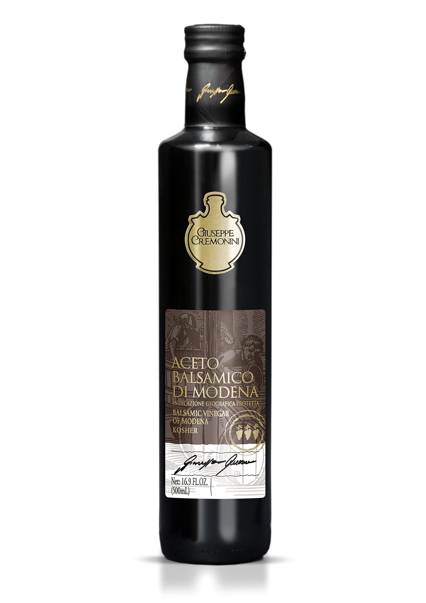 Giuseppe Cremonini Ou Kosher Balsamic Vinegar Di Modena Igp Certified Consortium Certified Oak Aged 3 Levels Of Density Caramel Free Cooked Grape Must And Beverage-Inspired Vinegar Only (3 Grape)(500Ml)