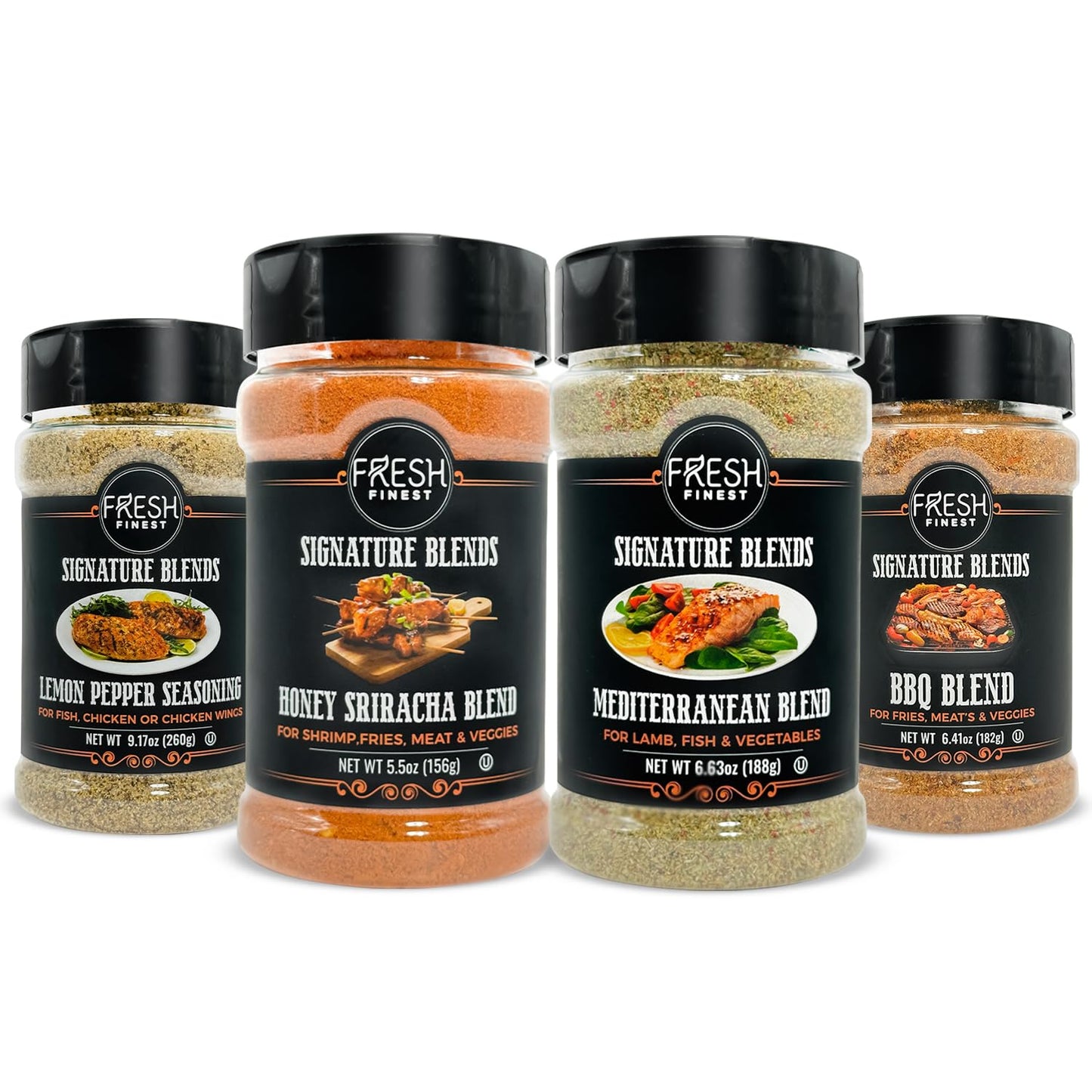 Fresh Finest Seasoning Gift Set - Honey Sriracha Mediterranean Bbq Blend Lemon Pepper - Kosher Gluten-Free Non-Gmo - Perfect For Bold And Flavorful Meals Grilling And Spicy Food Lovers (4-Pack)