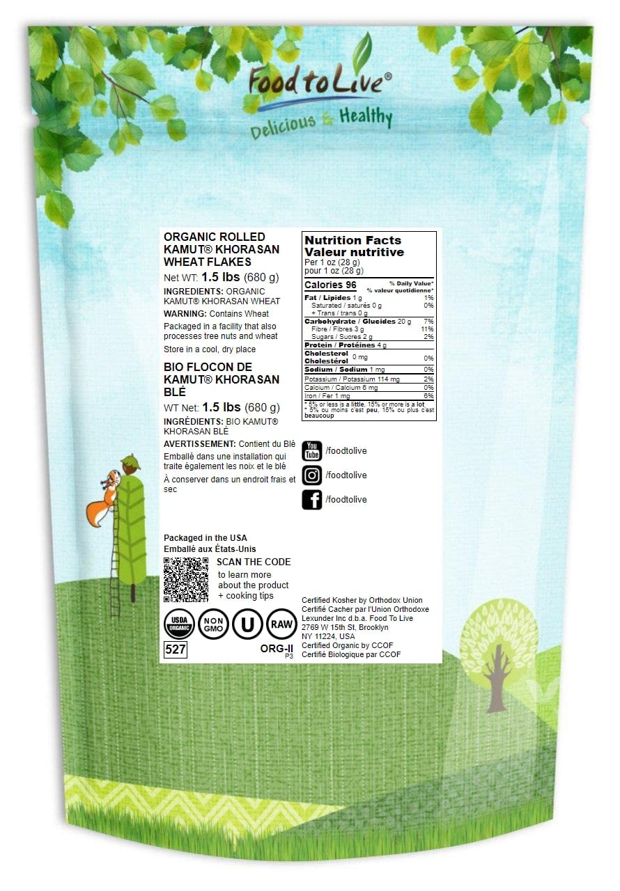 Food To Live Organic Rolled Kamut Khorasan Wheat Flakes, 1.5 Pounds – Non-Gmo, Made From Whole Wheat Berries, Kosher, Bulk, Great For Cereal, Granola, Muffins And Milling Into Flour For Baking