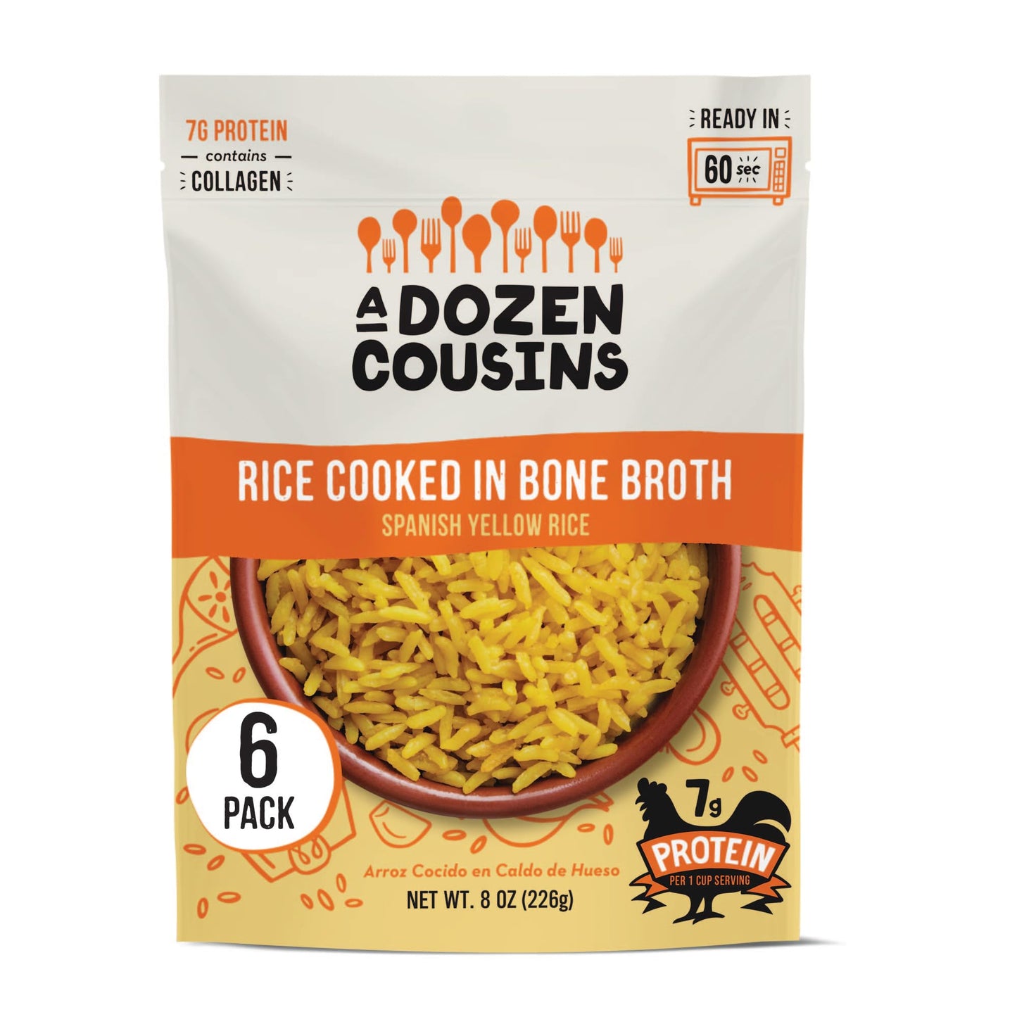 A Dozen Cousins Rice Cooked in Bone Broth Microwaveable Rice Packets | 7g Protein | Contains Collagen (Spanish Yellow Rice, 6 Pa