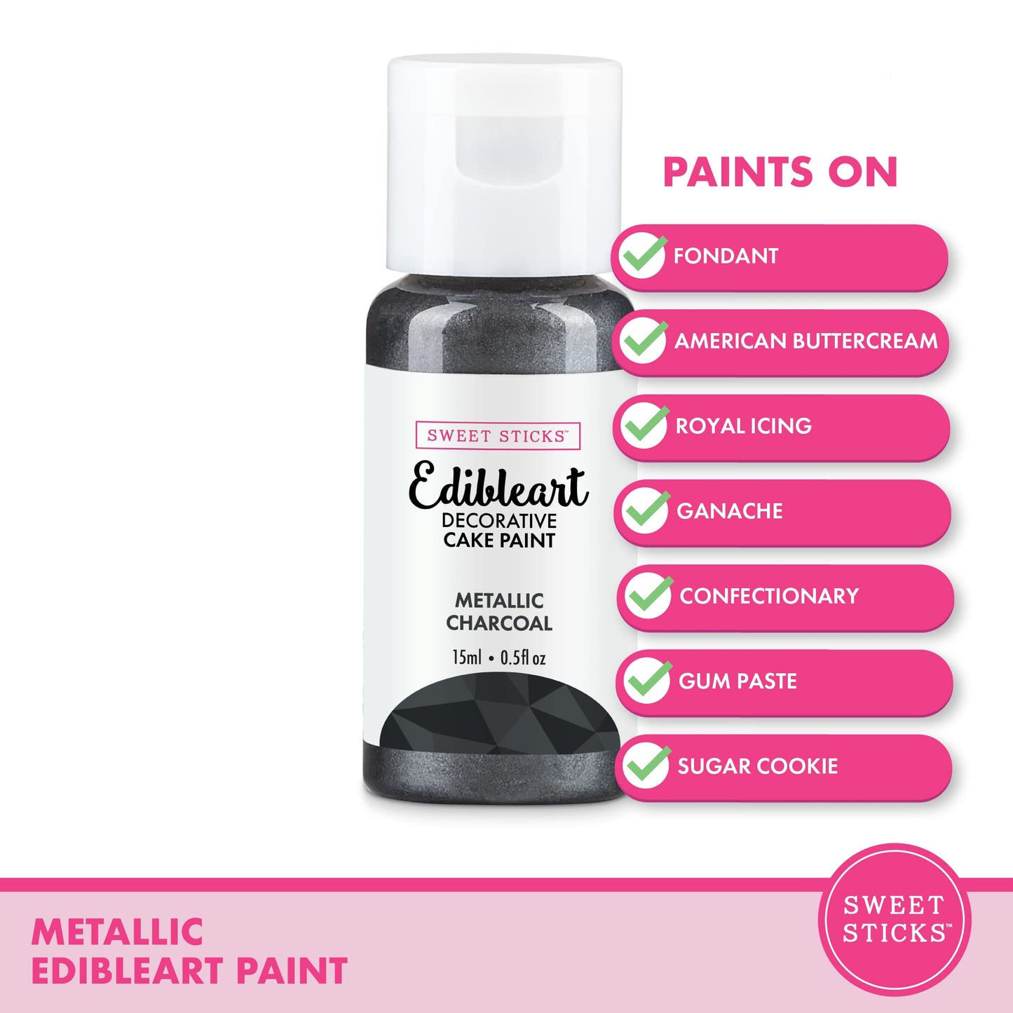 SWEET STICKS Edible Art Decorative Cake Paint, Metallic Charcoal, 0.5 Fl Oz