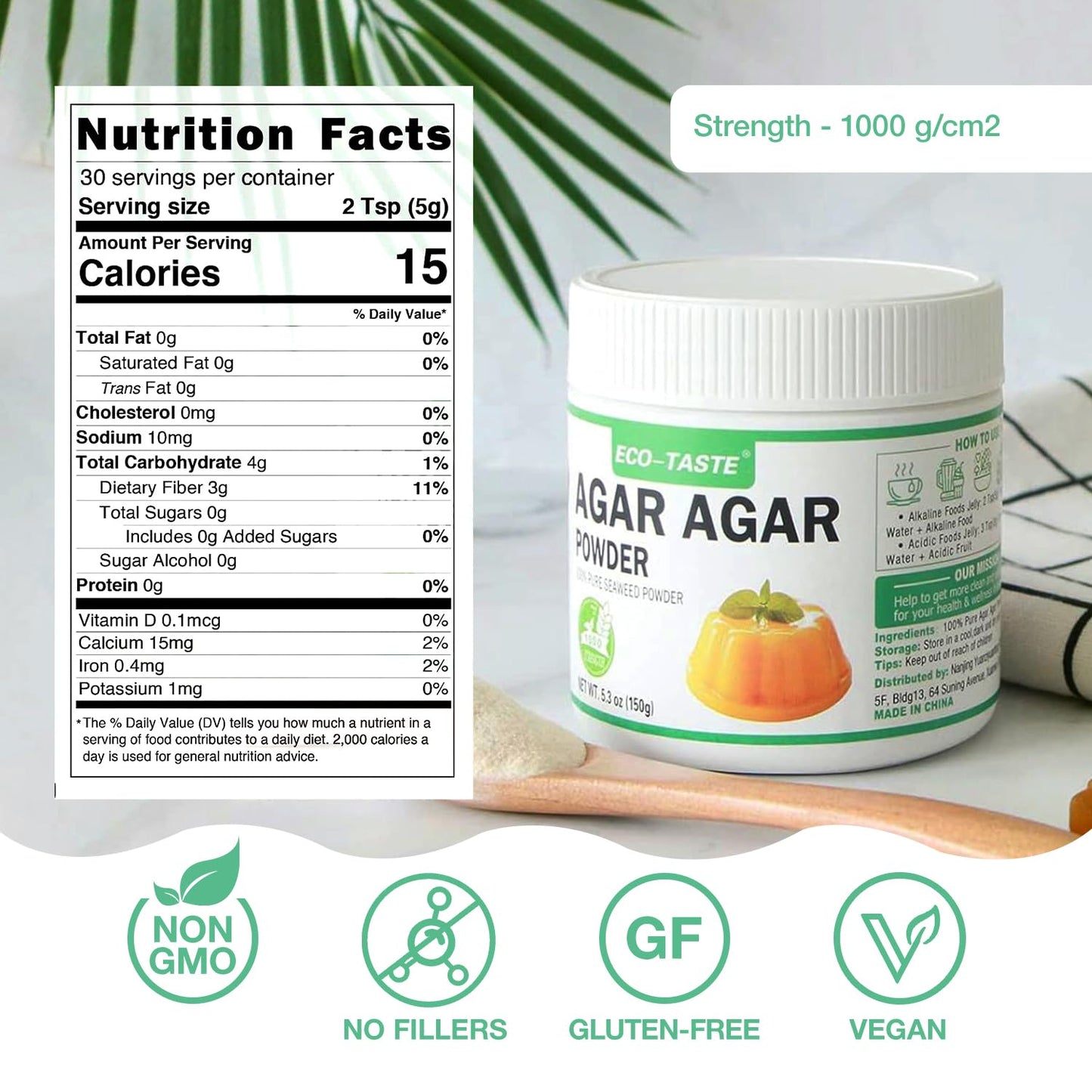 Agar Agar Powder 1000 Strength, 100% Natural Seaweed, Vegan Gelatin Substitute, Gluten-Free, Non-Gmo, Planted-Based, Unflavored, 5.3 Oz (150G)