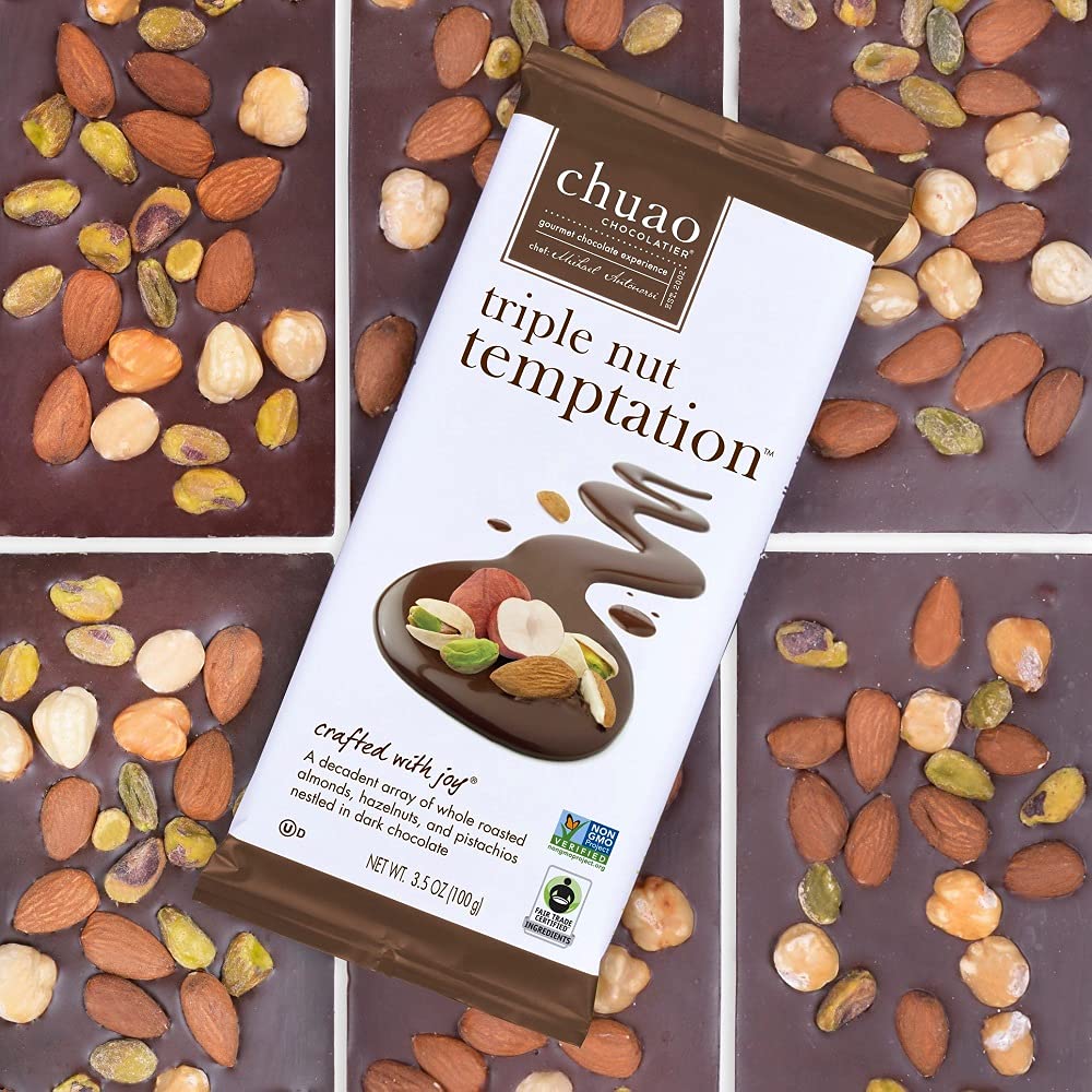 Chuao Chocolatier Triple Nut Temptation Dark Chocolate Gourmet Bars | For Gift Baskets, Birthday, Thank You, Care Package | 10 Pack, 2.8 Oz Each
