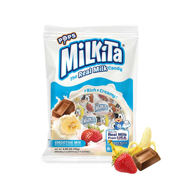 Milkita The Real Milk Lollipop Bag, Gluten Free Chewy Candies With Calcium & Real Milk, Zero Trans Fat, Low-Sugar, Smoothie Flavors (Strawberry, Chocolate, Banana), 10 Pcs