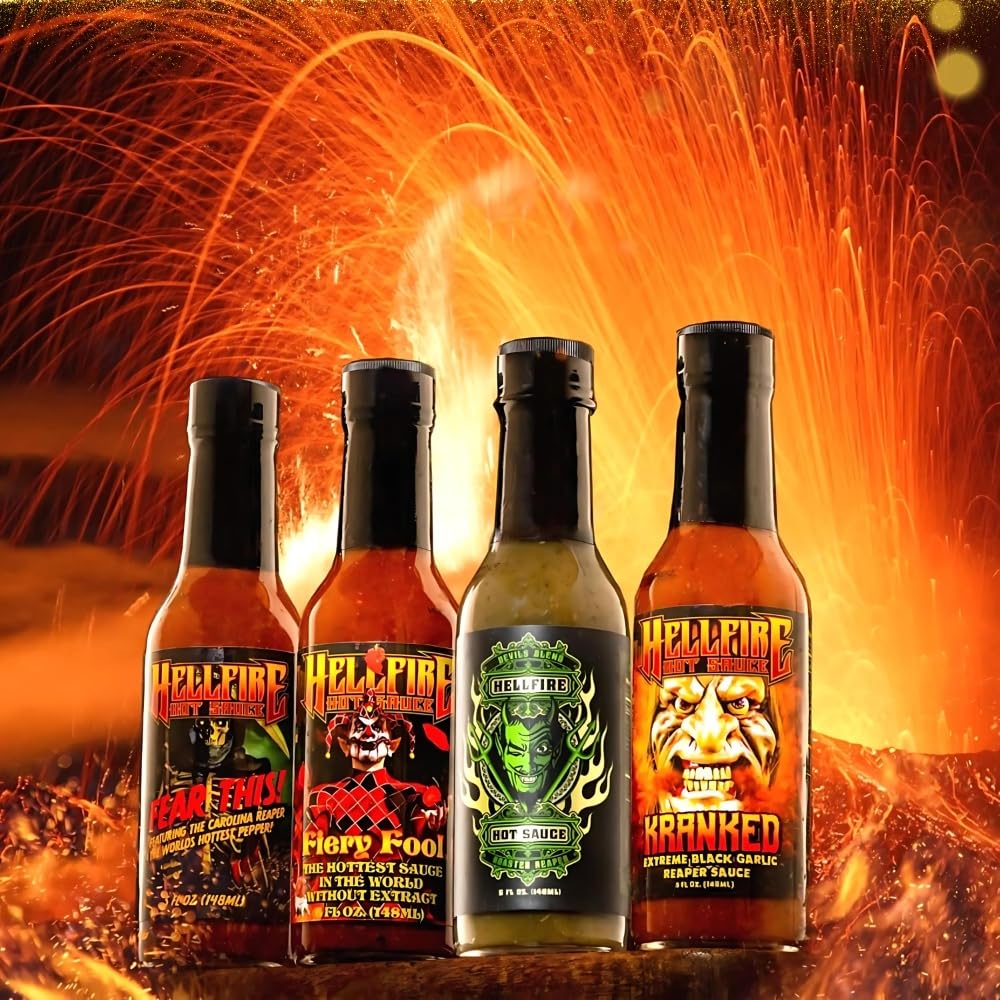 Hellfire Hot Sauce Hot Ones Gift Pack - Gourmet Hot Sauce Variety Pack With 4 Extreme Flavors Featured on Hot Ones TV Show (Four
