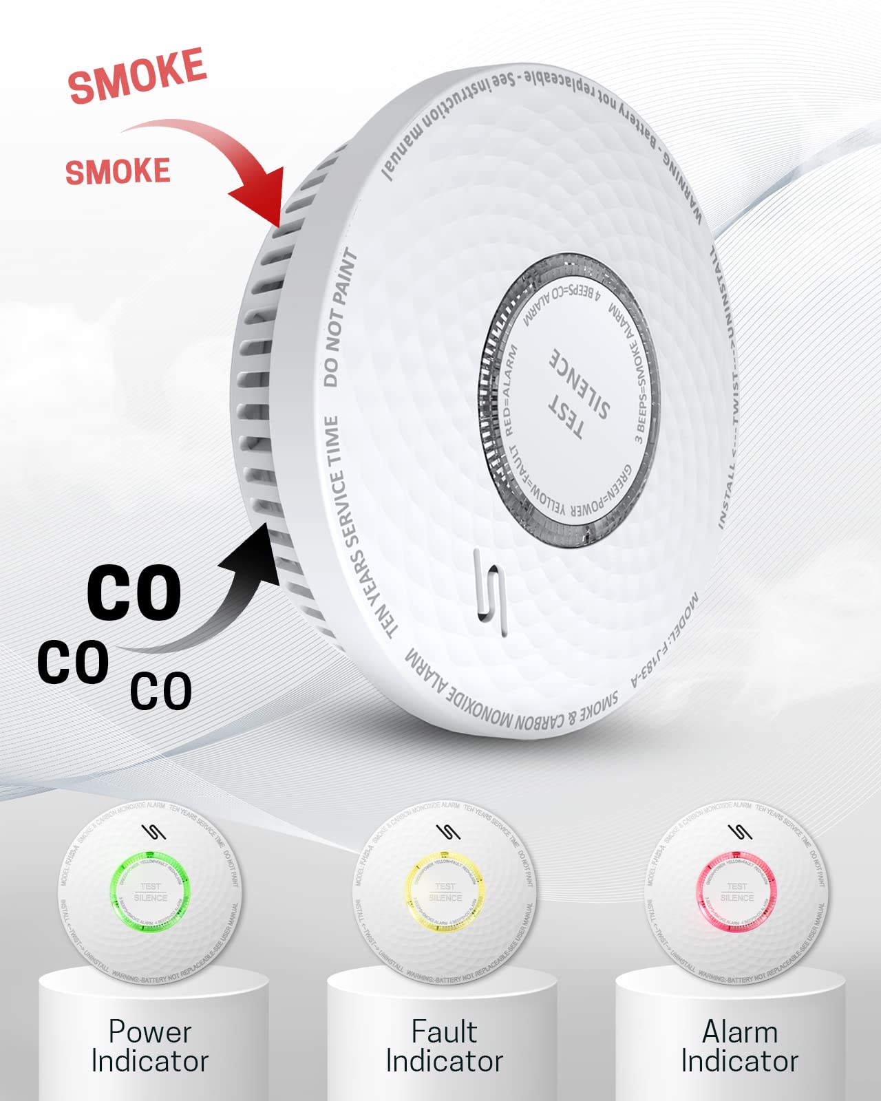 Ecoey 10-Year Smoke And Carbon Monoxide Detector, Dual Sensor Smoke Co Alarm With Built-In Battery And Silence Function,Fj183-A,