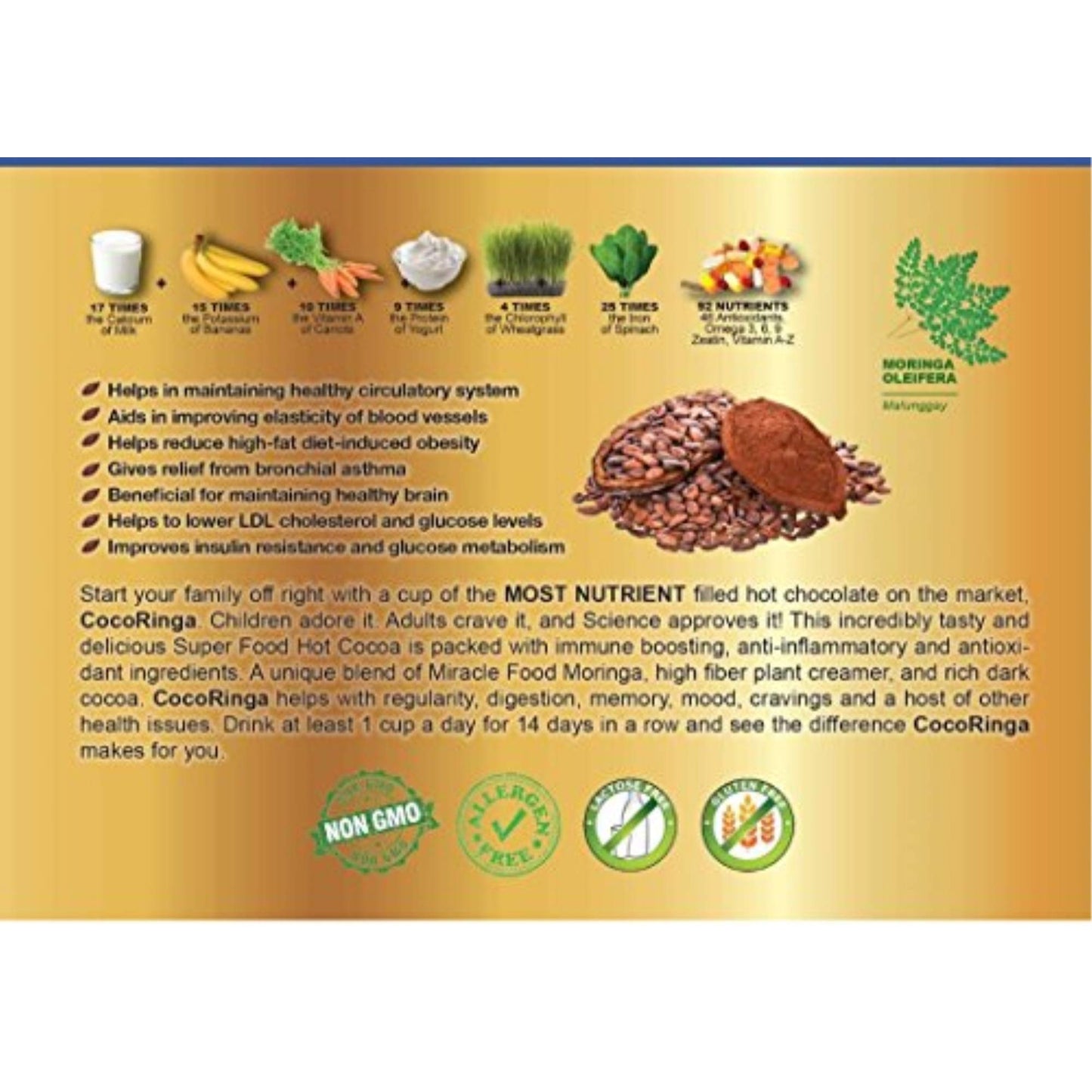 CocoRinga Moringa Hot Chocolate - Keto Instant Non-Dairy Cocoa, 14 Count, Rich Brown